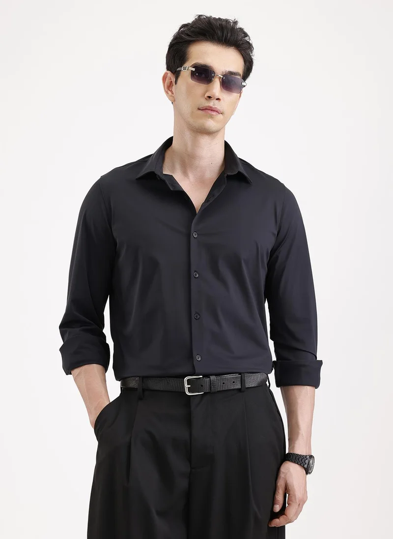 روجن Solid Slim Fit Full Sleeve Shirt  | Black